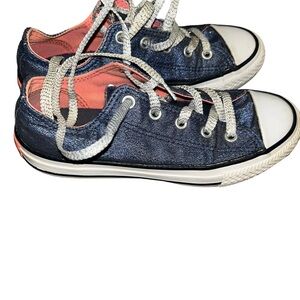 Youth girls converse low metallic blue glitter and silver pink sneakers size 1